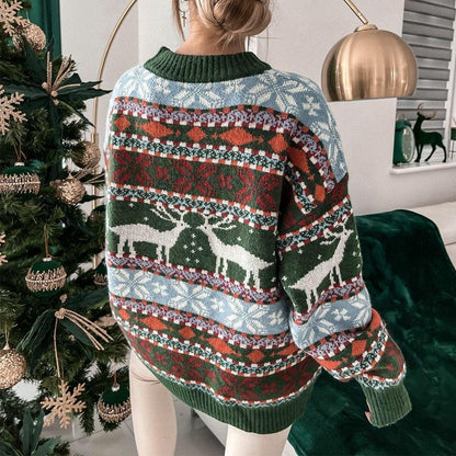 JuliaFashion-Casual O Neck Long Sleeve Pullover Women Christmas Printed Sweater