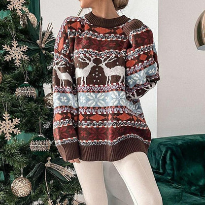 JuliaFashion-Casual O Neck Long Sleeve Pullover Women Christmas Printed Sweater