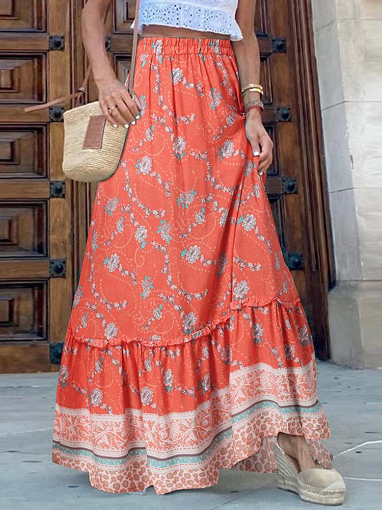 JuliaFashion - JuliaFashion-Bohemian Elastic Waist Long Floral Print Maxi Skirt