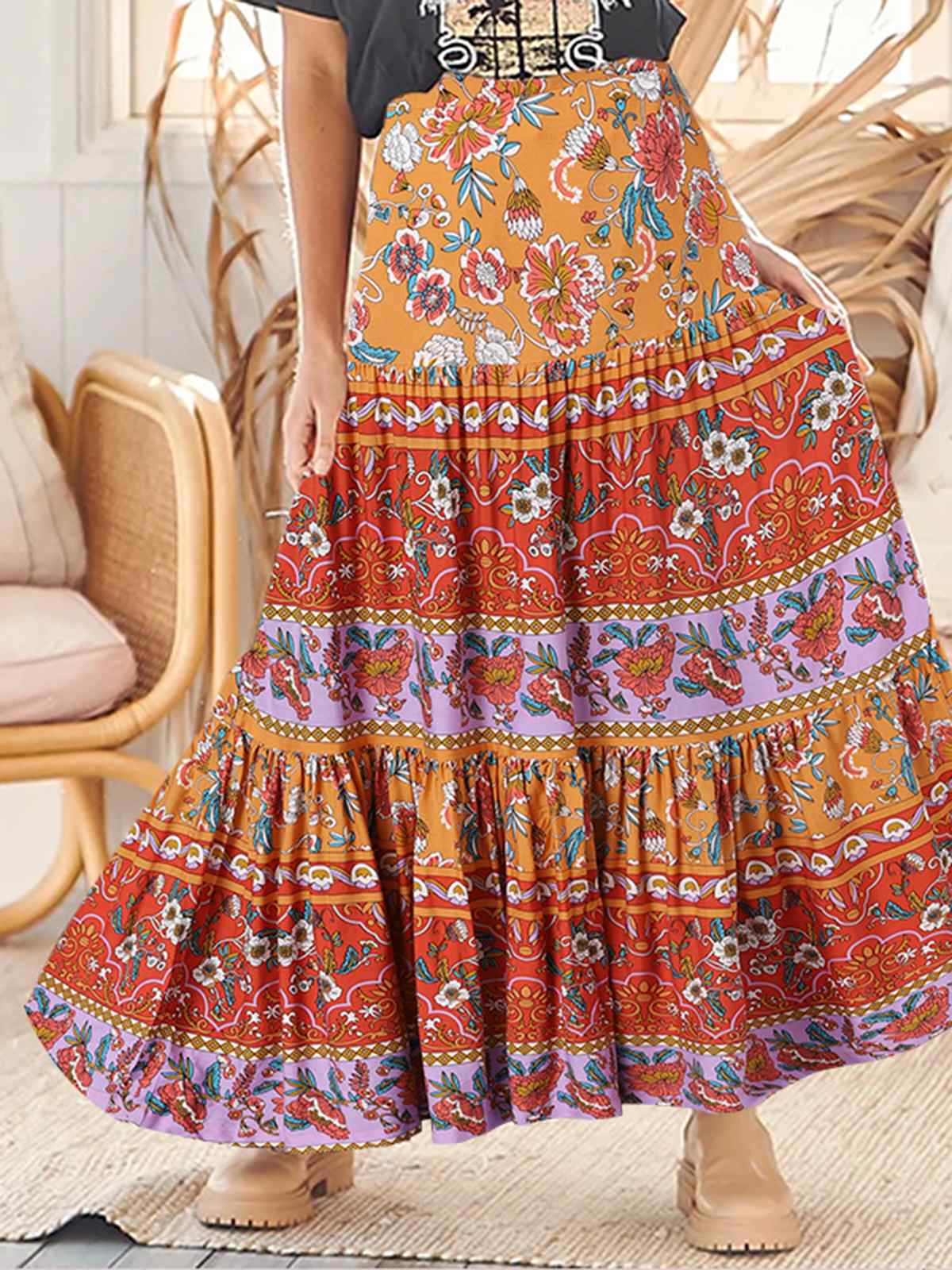 JuliaFashion - 2024 Women Stithing Pleats Long Skirt Bohemian Maxi Skirts