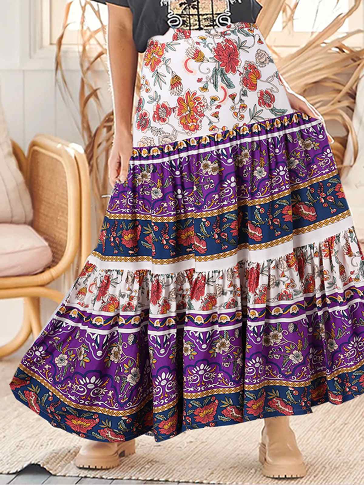 JuliaFashion - 2024 Women Stithing Pleats Long Skirt Bohemian Maxi Skirts