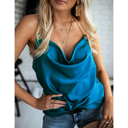 JuliaFashion-Glossy Satin Blue Chain Halter Camis