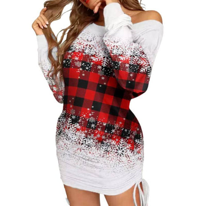 JuliaFashion-Christmas Women Xmas Snowflake Plaid Gradient Drawstring Bodycon Dress