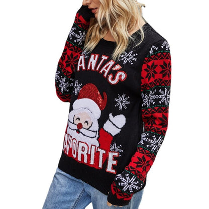 JuliaFashion-Christmas Pullover Sweater Santa Claus Embroidery Round Neck Sweater