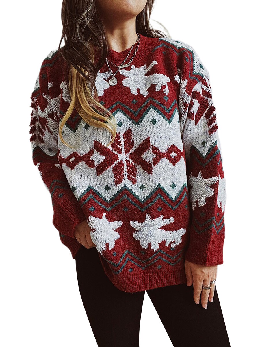 JuliaFashion-Christmas Sweater Women Knitted Jumper Pullover Snowflake Elk Print Sweaters