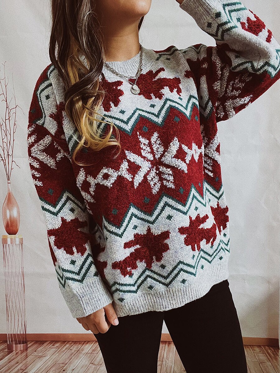 JuliaFashion-Christmas Sweater Women Knitted Jumper Pullover Snowflake Elk Print Sweaters