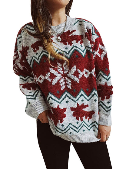 JuliaFashion-Christmas Sweater Women Knitted Jumper Pullover Snowflake Elk Print Sweaters