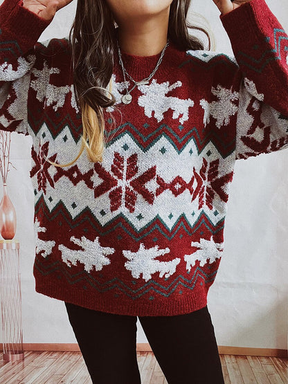 JuliaFashion-Christmas Sweater Women Knitted Jumper Pullover Snowflake Elk Print Sweaters