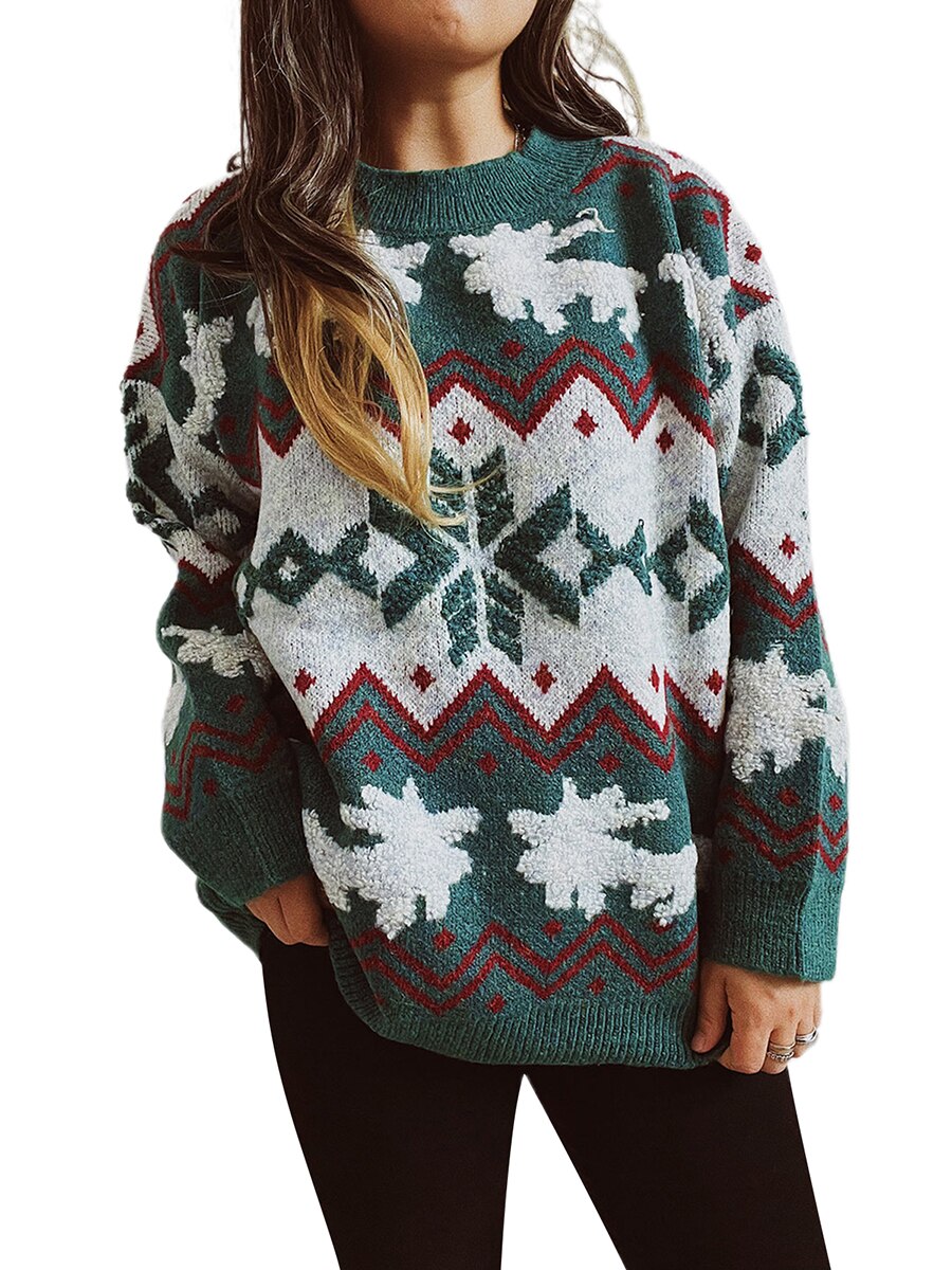 JuliaFashion-Christmas Sweater Women Knitted Jumper Pullover Snowflake Elk Print Sweaters