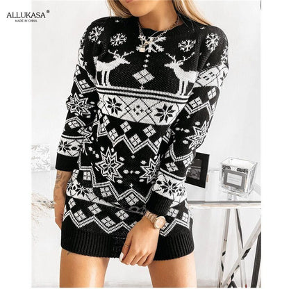 JuliaFashion-Christmas Theme Ladies New Sweater Elk Snowflake Christmas Jacquard Knitted Dress