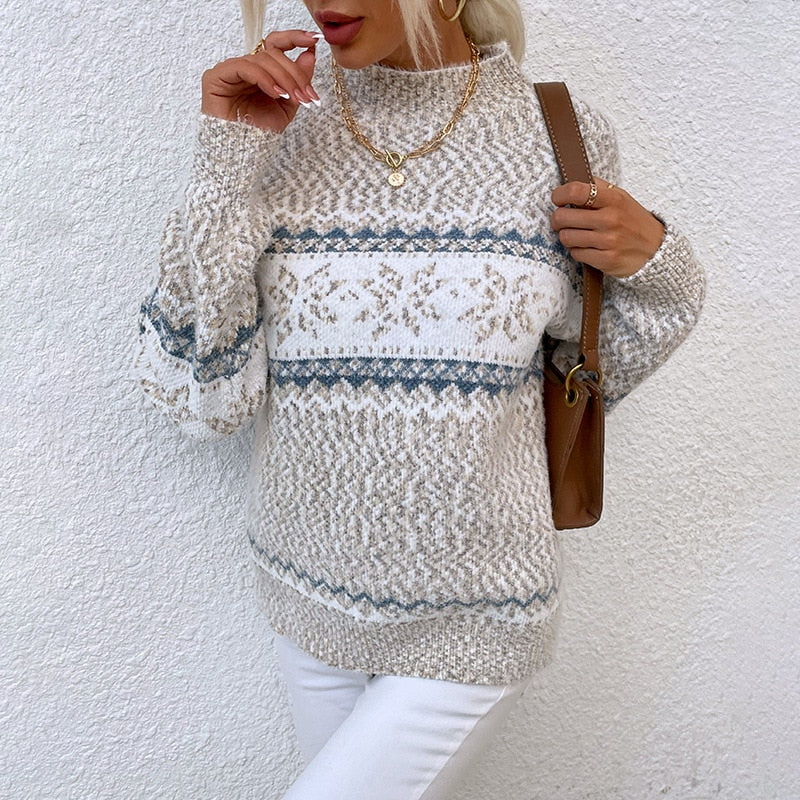 JuliaFashion-Christmas Turtleneck Snowflake Knit Loose Women Sweater Warm Pullover