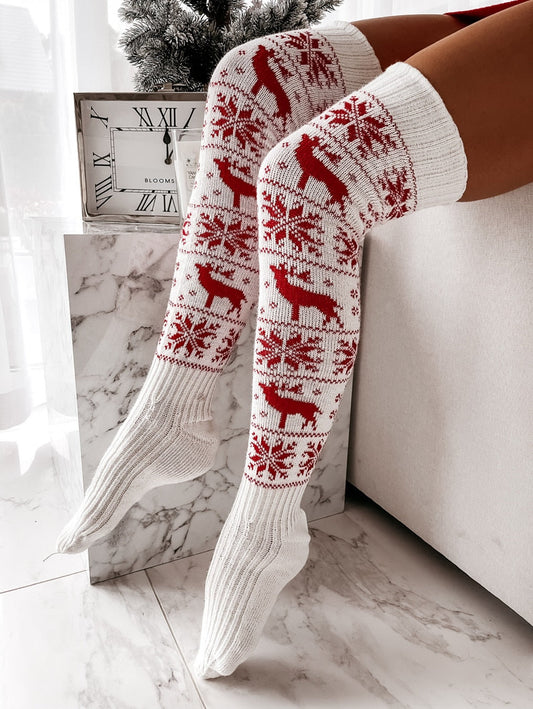 JuliaFashion-Christmas Women Knitted Warm Thigh High Over the Knee Printing Socks