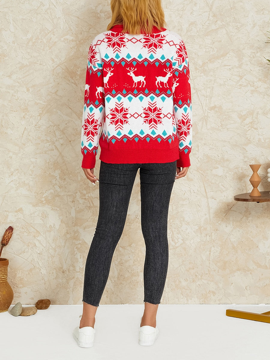 JuliaFashion-Christmas Women Sweater Long Sleeve Turtleneck Knitwear Loose Knitted Pullovers