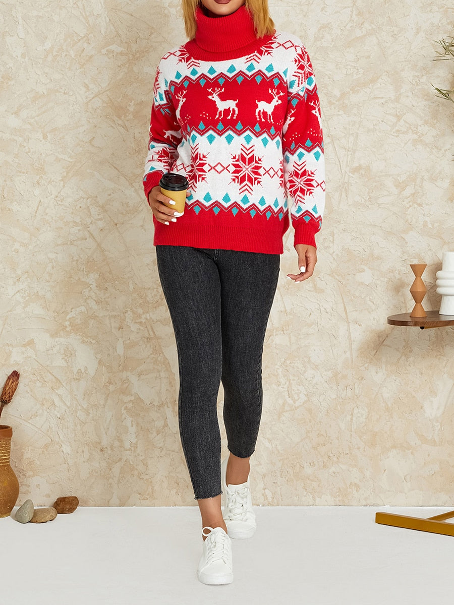 JuliaFashion-Christmas Women Sweater Long Sleeve Turtleneck Knitwear Loose Knitted Pullovers