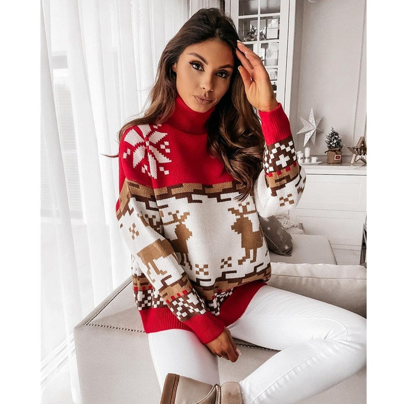 JuliaFashion-Christmas Women's Turtleneck Sweaters Long Sleeve Elk Snowflake Pattern Pullovers