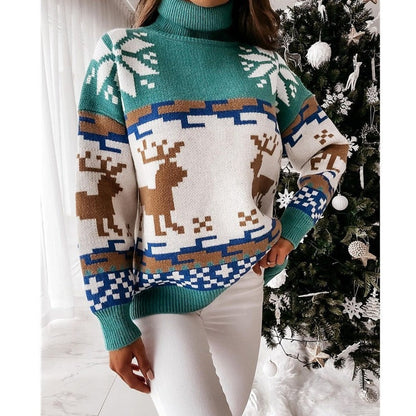 JuliaFashion-Christmas Women's Turtleneck Sweaters Long Sleeve Elk Snowflake Pattern Pullovers