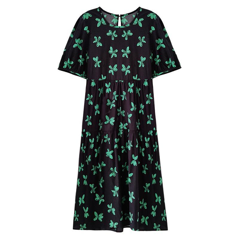 Cotton Green Butterfly Floral Puff Sleeve O-Neck Midi Dress