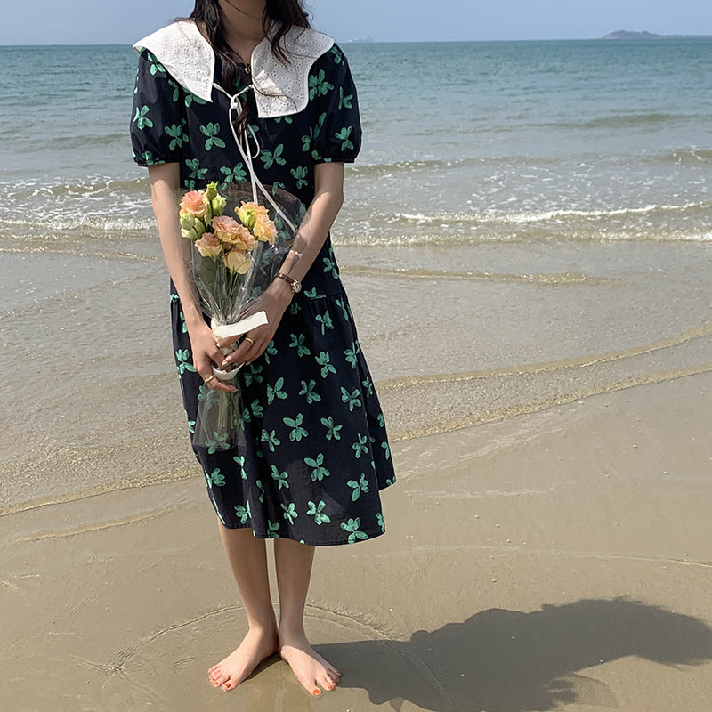 Cotton Green Butterfly Floral Puff Sleeve O-Neck Midi Dress