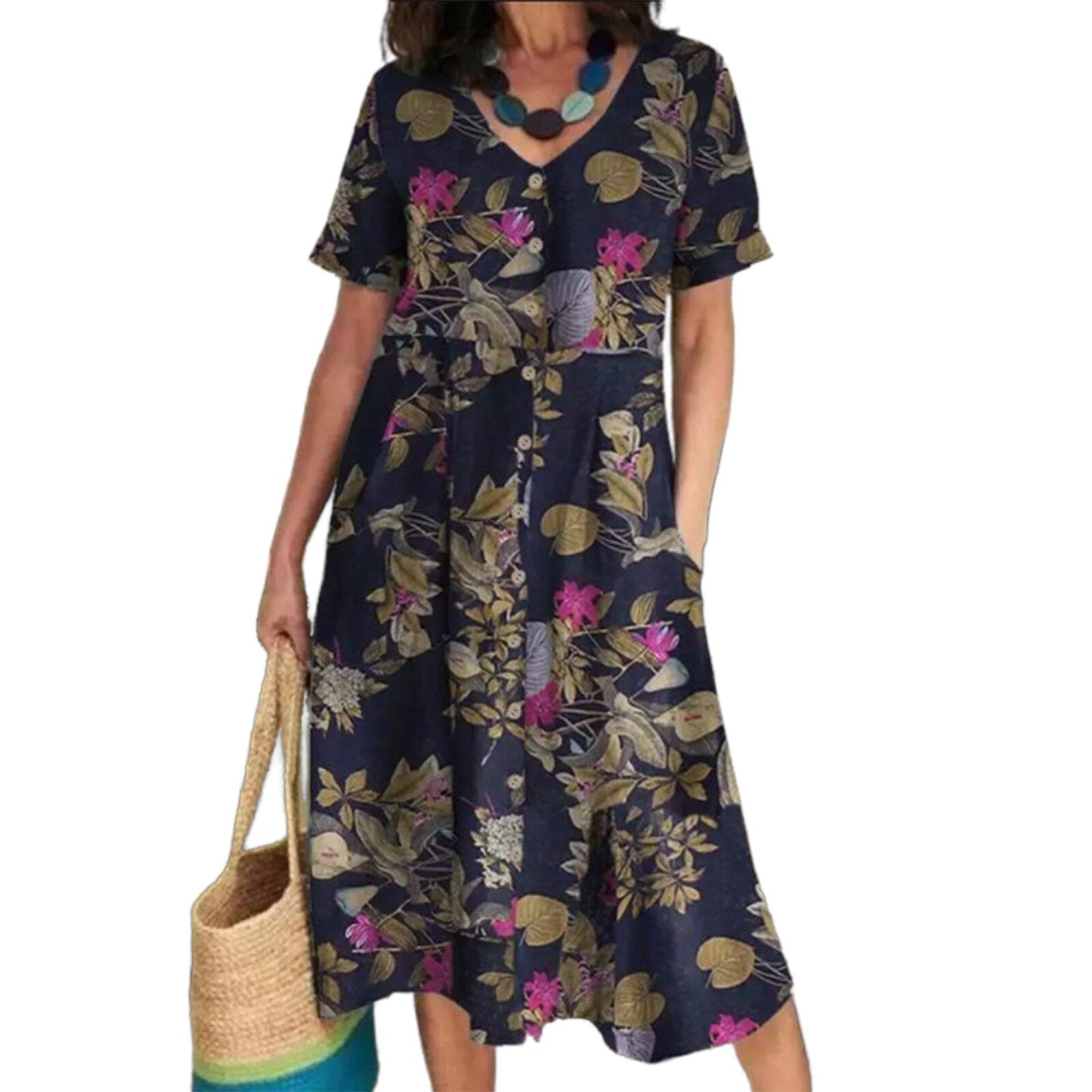 JuliaFashion-Ethnic Style V-Neck Beach Holiday Boho Dress