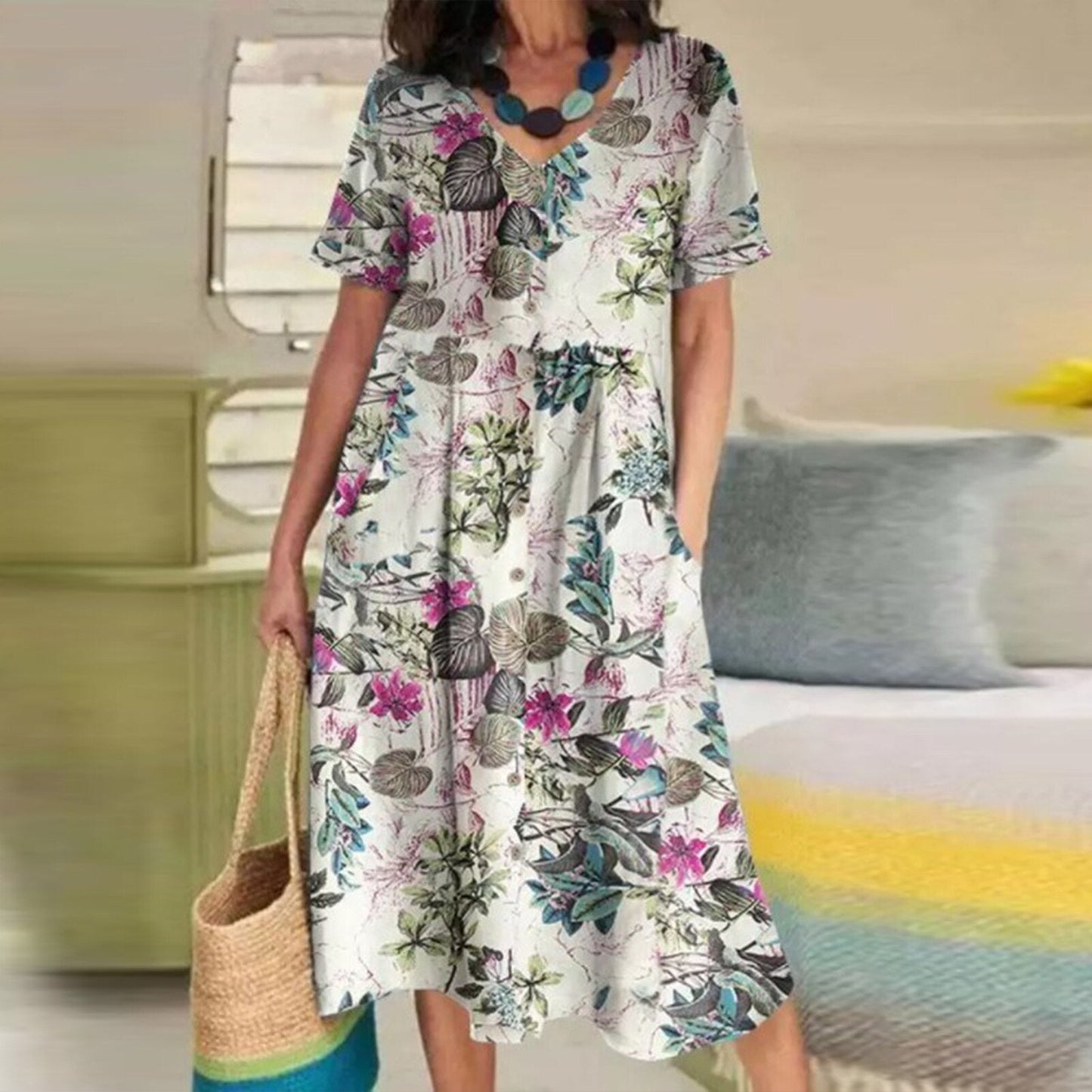 JuliaFashion-Ethnic Style V-Neck Beach Holiday Boho Dress