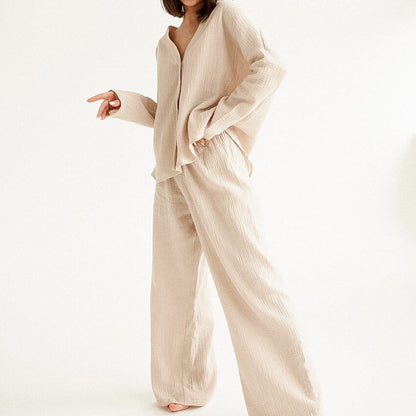 JuliaFashion-Cotton Linen Solid Single Breasted Long Sleeve Pijama Suit