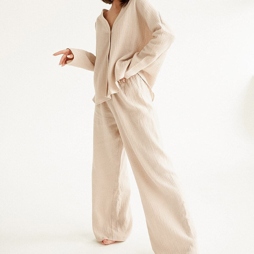 JuliaFashion-Cotton Linen Solid Single Breasted Long Sleeve Pijama Suit