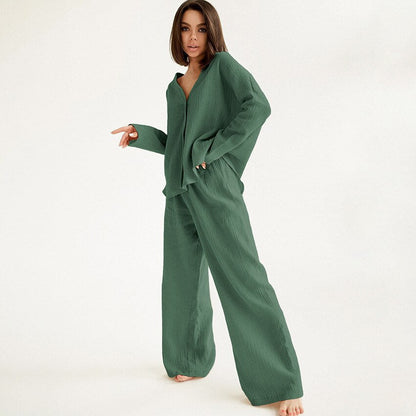 JuliaFashion-Cotton Linen Solid Single Breasted Long Sleeve Pijama Suit