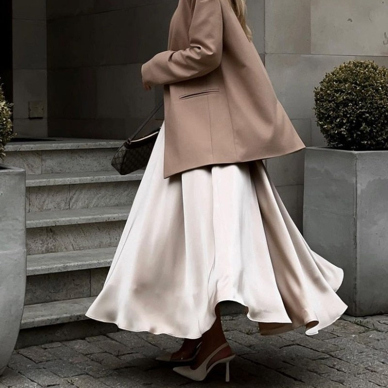 JuliaFashion-Elegant Vintage High Waist Satin Maxi Skirt