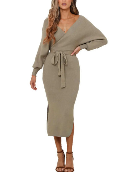 JuliaFashion-Elegant V-neck Belted Backless Sweater Dress