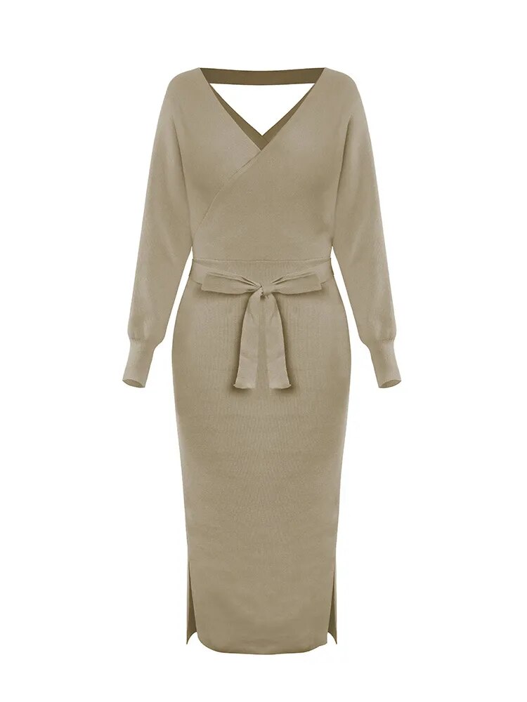 JuliaFashion-Elegant V-neck Belted Backless Sweater Dress