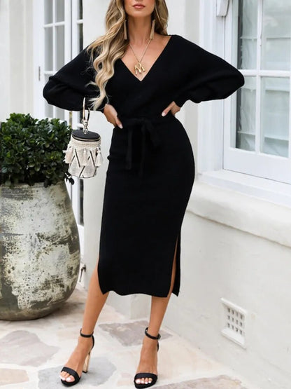 JuliaFashion-Elegant V-neck Belted Backless Sweater Dress