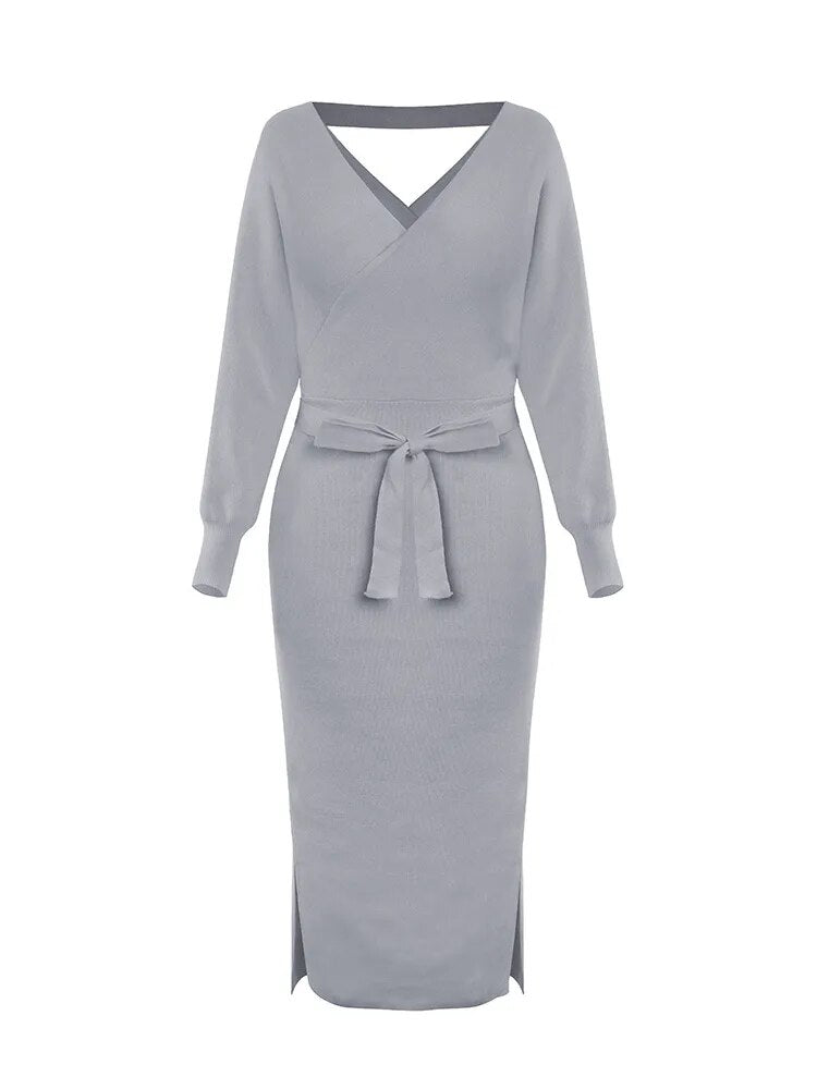 JuliaFashion-Elegant V-neck Belted Backless Sweater Dress