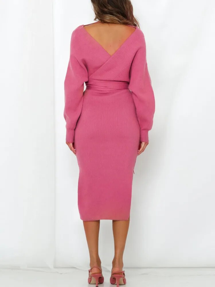 JuliaFashion-Elegant V-neck Belted Backless Sweater Dress