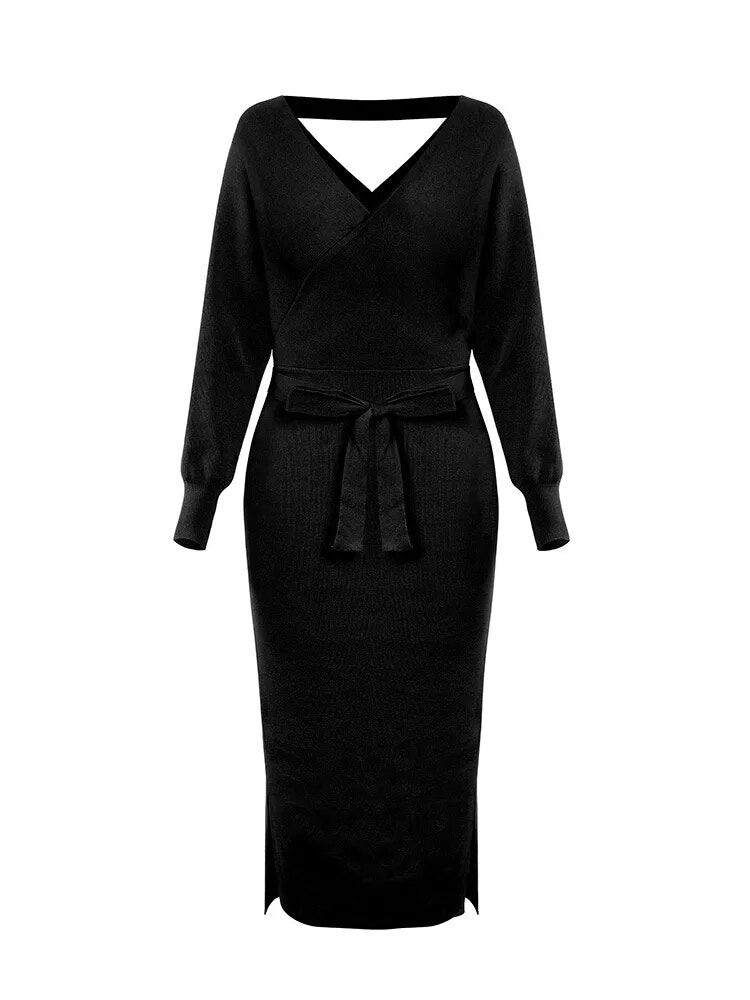 JuliaFashion-Elegant V-neck Belted Backless Sweater Dress