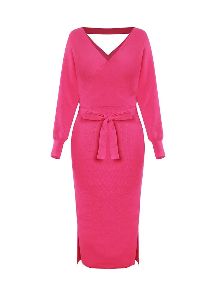 JuliaFashion-Elegant V-neck Belted Backless Sweater Dress