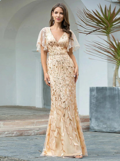 JuliaFashion - JuliaFashion-Elegant Evening Dresses Long Lace V-neck Mermaid Short Slee Dress