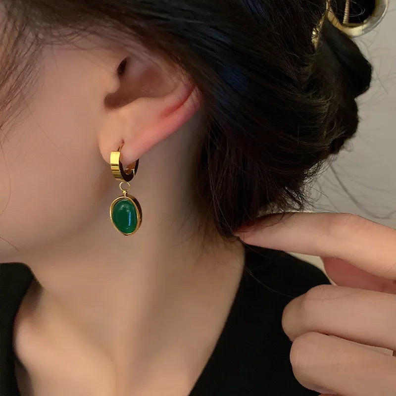 JuliaFashion-Elegant Green Stone Hoop Earrings