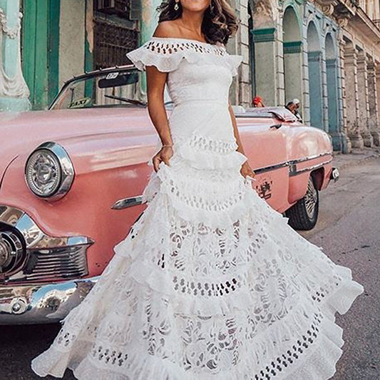 JuliaFashion-Classic Lace Hollow Off-Shoulder Maxi Dress