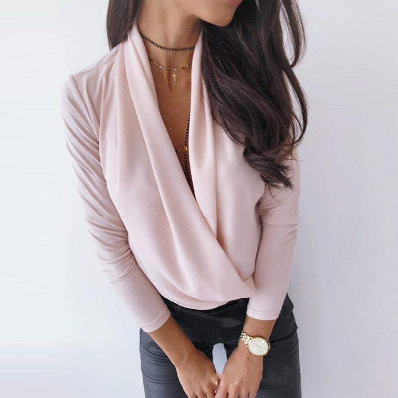 JuliaFashion - 2024 Women Elegant Long Sleeve Sexy V-Neck Shirt Tops