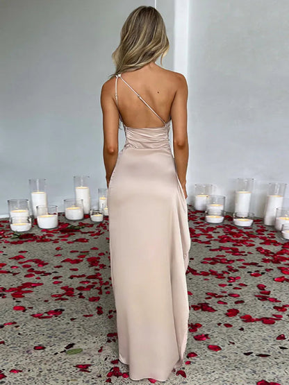 JuliaFashion-Elegant One Shoulder Sleeveless Satin Dress