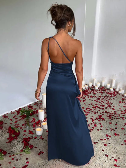 JuliaFashion-Elegant One Shoulder Sleeveless Satin Dress