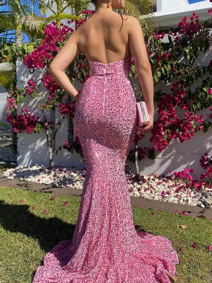 JuliaFashion-Elegant Pink Strapless Sequin Sleeveless Dresses