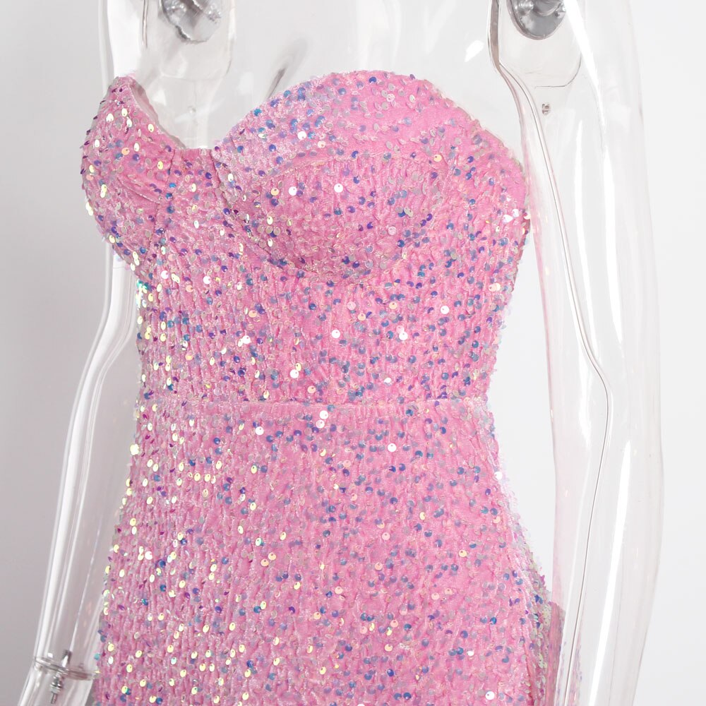 JuliaFashion-Elegant Pink Strapless Sequin Sleeveless Dresses