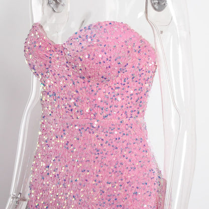 JuliaFashion-Elegant Pink Strapless Sequin Sleeveless Dresses