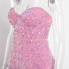 JuliaFashion-Elegant Pink Strapless Sequin Sleeveless Dresses