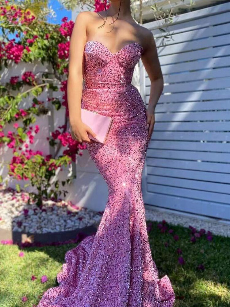 JuliaFashion-Elegant Pink Strapless Sequin Sleeveless Dresses