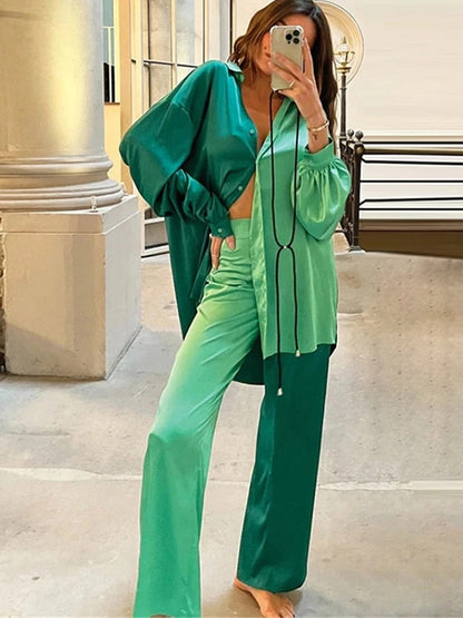 JuliaFashion-Elegant Satin Loose Blouse Straight Pants Suit