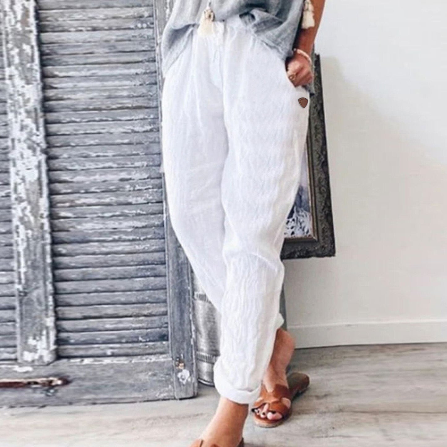 JuliaFashion-Floral Print Cotton Linen Elastic Waist Pants