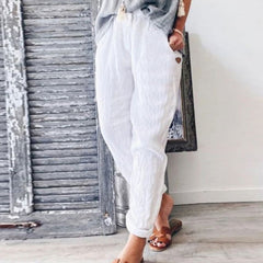 JuliaFashion-Floral Print Cotton Linen Elastic Waist Pants
