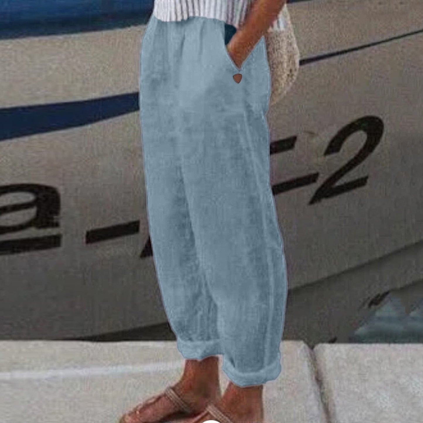 JuliaFashion-Floral Print Cotton Linen Elastic Waist Pants